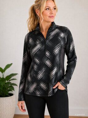 Athleta Pullover Womens Size M Black & Gray Stretch Performance Top Long Sleeve
